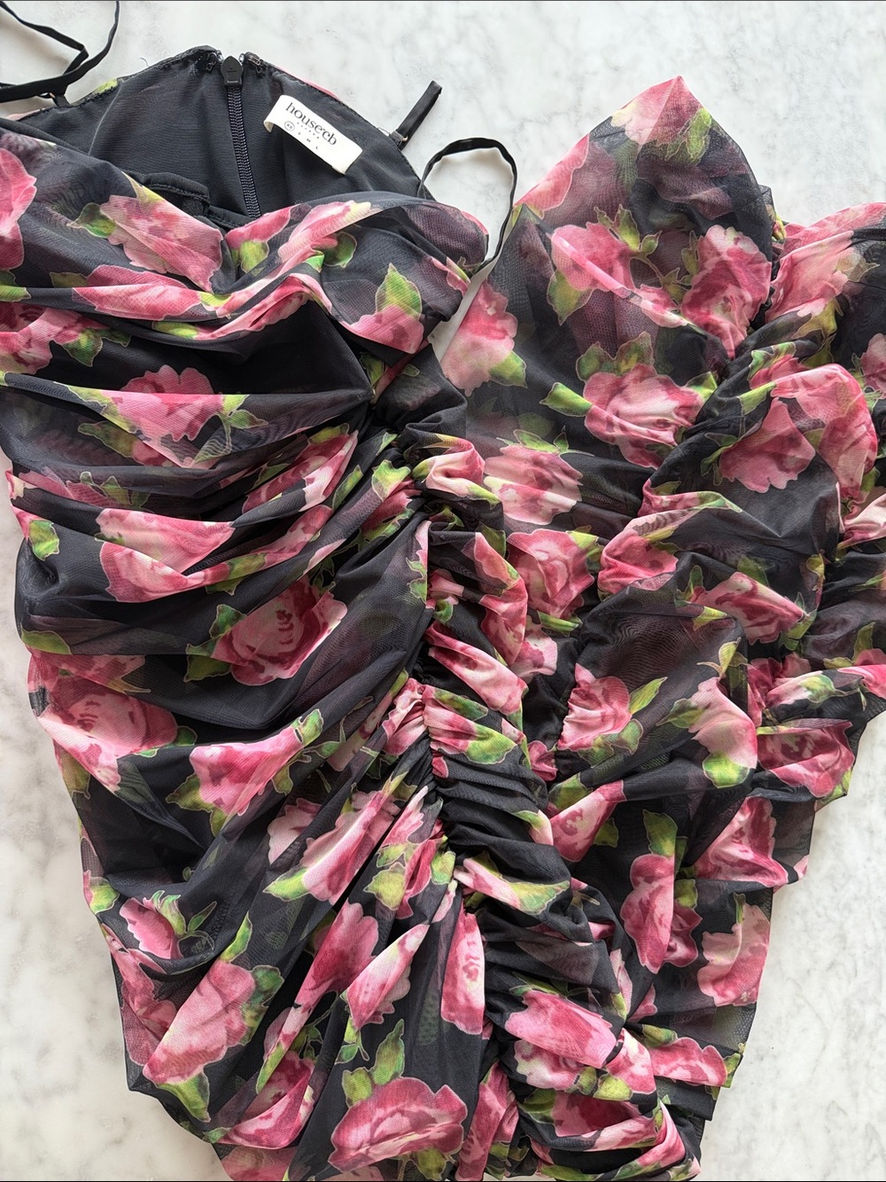 House of CB SIRENE Black Floral Ruched Maxi Dress with Pink Roses